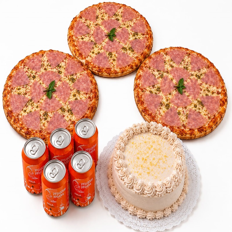 Cake + Refresco + 3 Pizzas