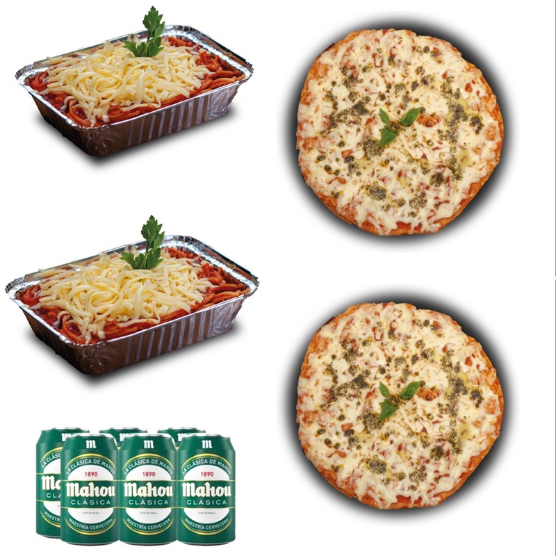 Dúo Pizzas Queso + Dúo Pastas Napoles + Cervezas